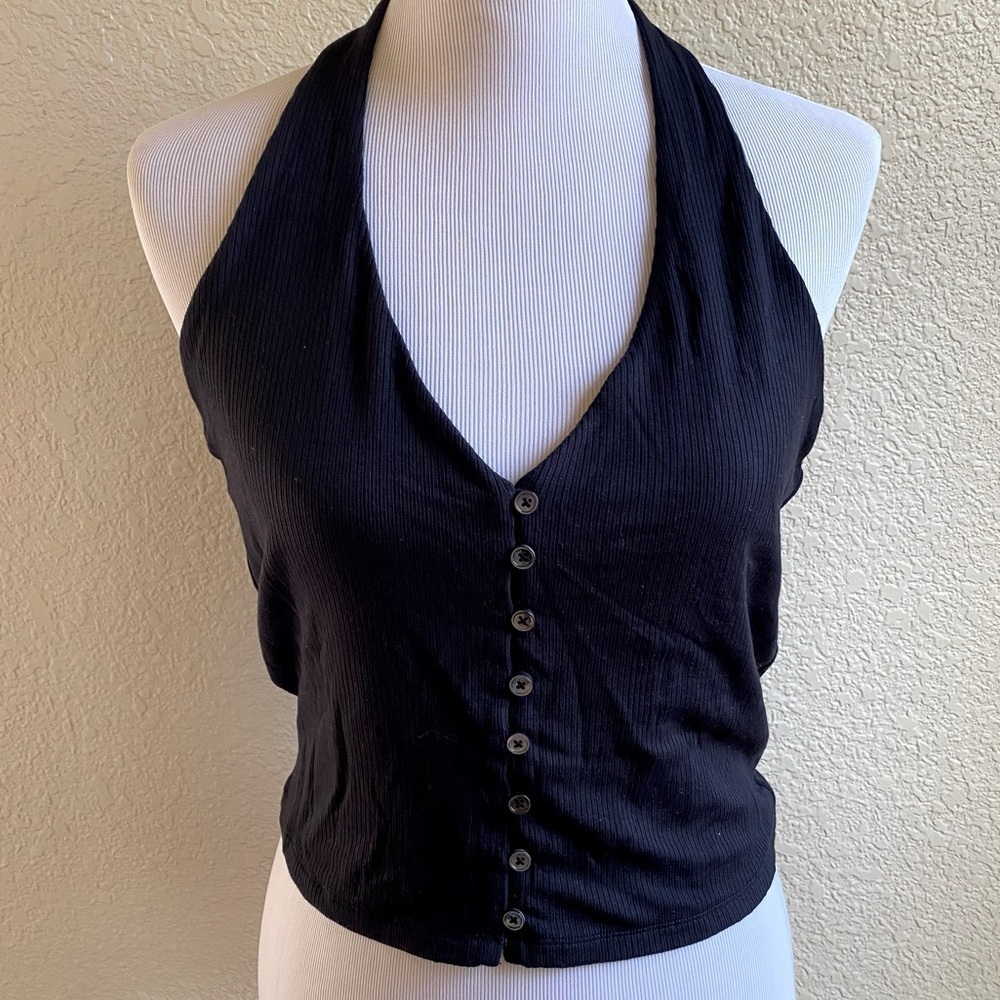 Wilfred Aritzia Tencel Halter Neck Top Ribbed Faux Button Down Sleeveless Black - Picture 1 of 8